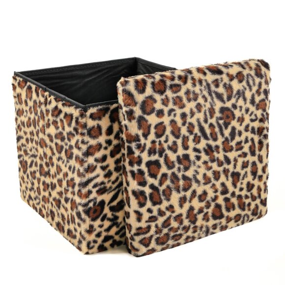 Go-Poufs Knock-Down Medium Cube Faux Fur Storage Ottoman | Leopard | 15"x15"x15 - Picture 2 of 6